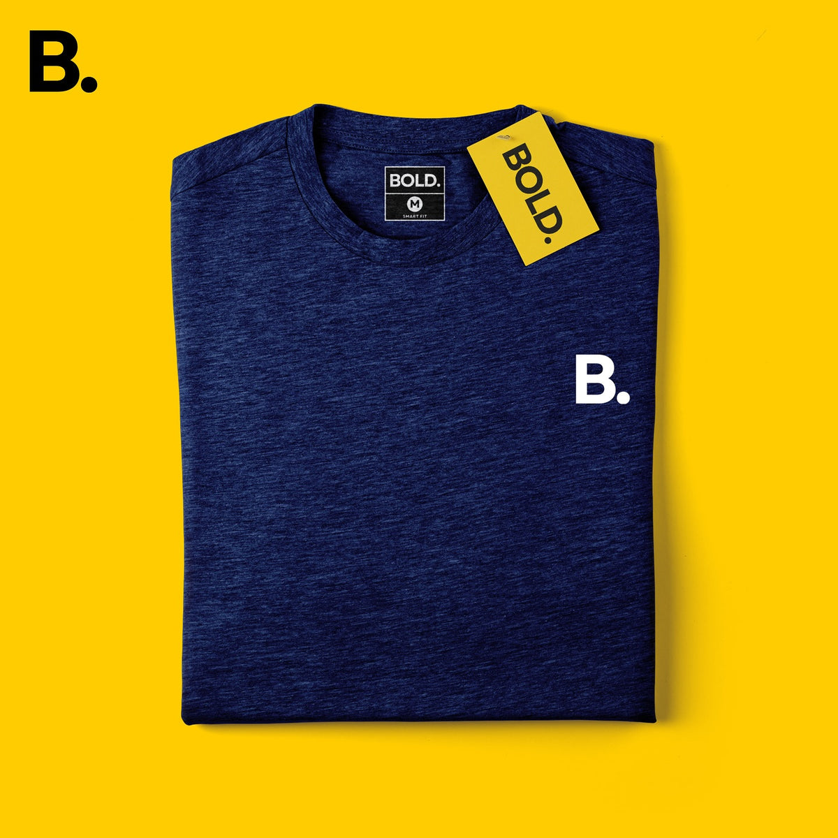 Folded dark blue mélange tee showing the heathered fabric, crew neck and white B. chest logo