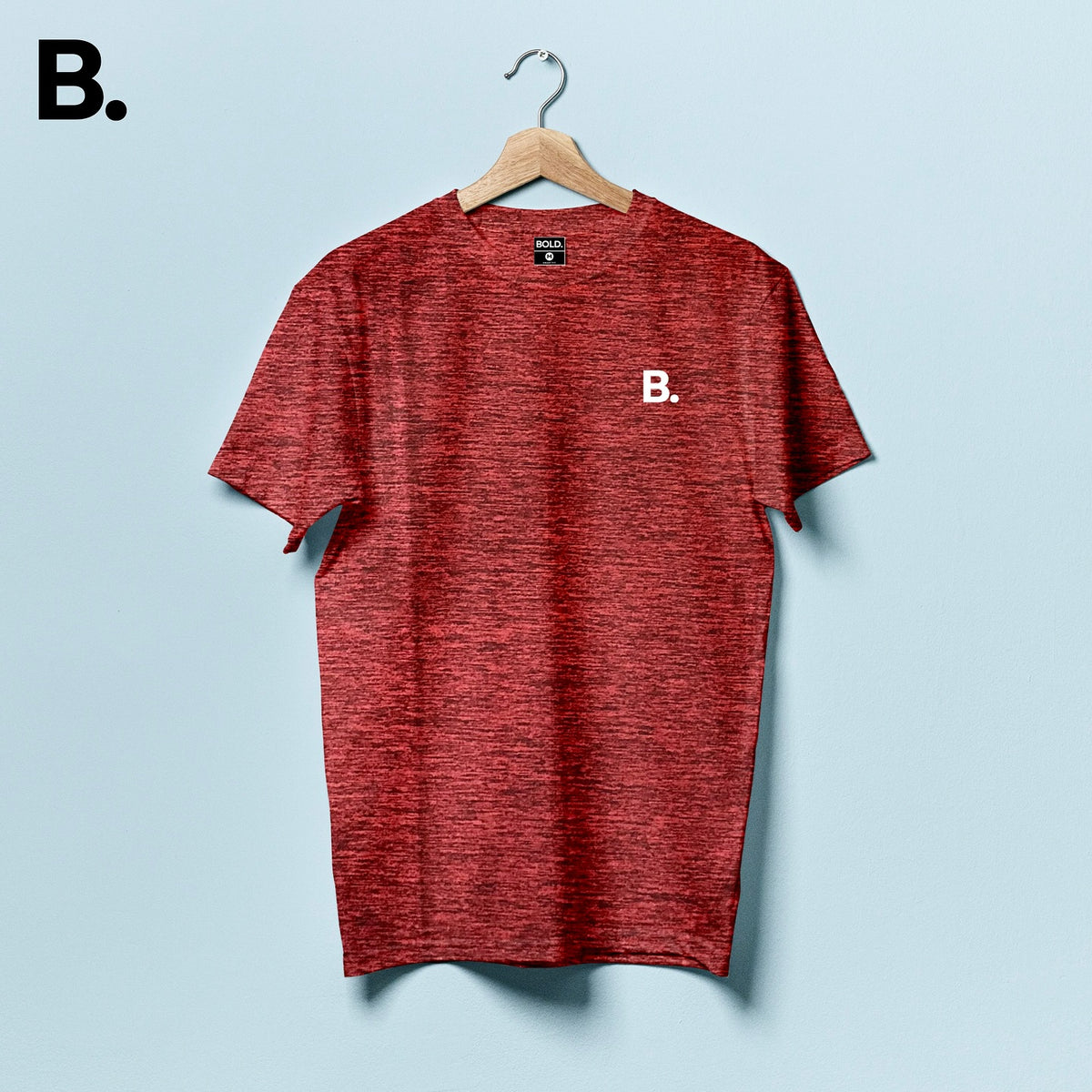 Red mélange crew-neck tee on a hanger with a white B. chest logo