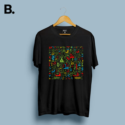 Black Calli tee on a hanger with a rectangular print of multicoloured calligraphy letters