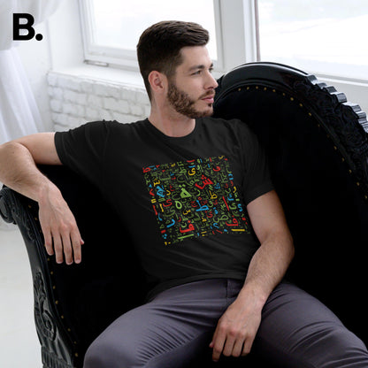 Seated model wearing the black Calli tee with multicoloured calligraphy lettering
