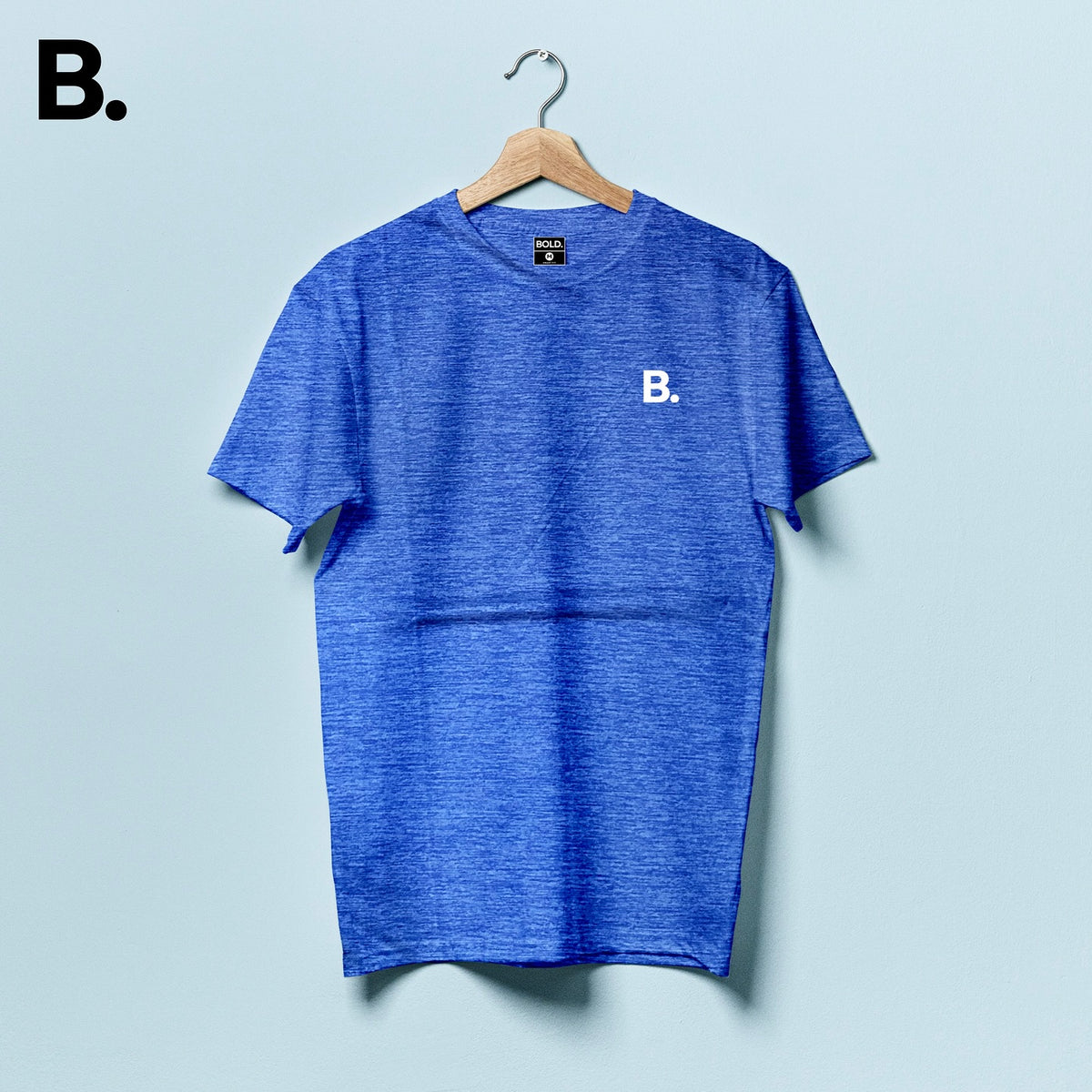 Blue mélange crew-neck tee on a hanger with a white B. chest logo
