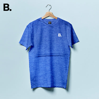 Blue mélange crew-neck tee on a hanger with a white B. chest logo