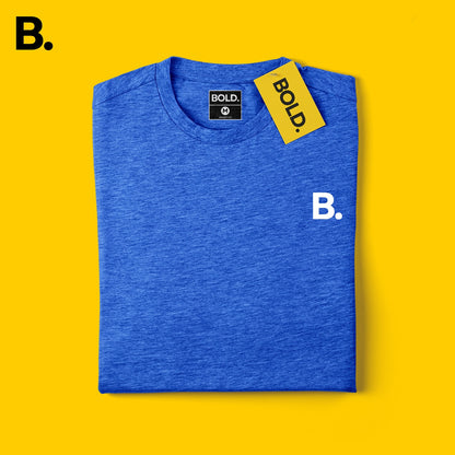 Folded blue mélange tee showing the heathered fabric, crew neck and white B. chest logo