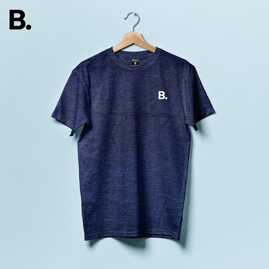 Dark Blue mélange crew-neck tee on a hanger with a white B. chest logo