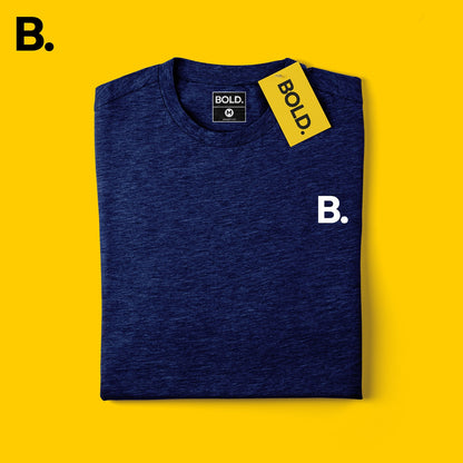 Folded dark blue mélange tee showing the heathered fabric, crew neck and white B. chest logo