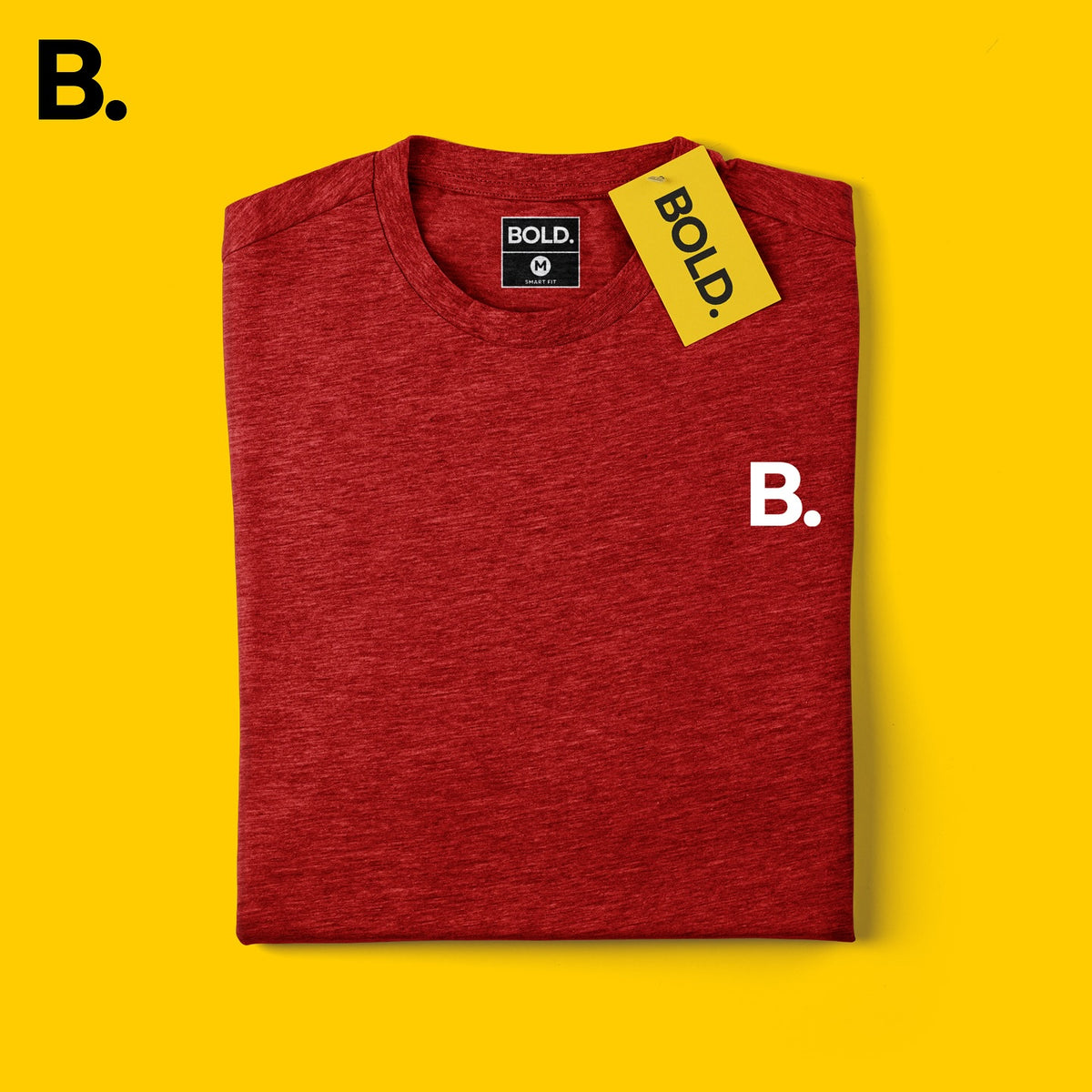 Folded red mélange tee showing the heathered fabric, crew neck and white B. chest logo