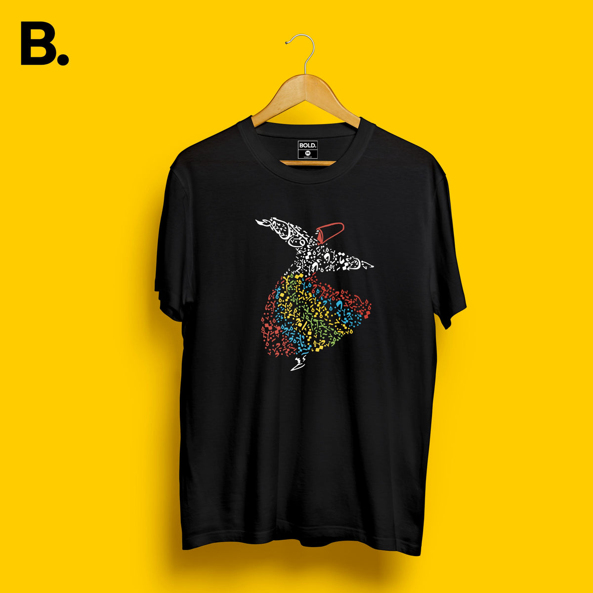 Black Sufi calligraphy tee on a hanger featuring a whirling figure formed from white and multicoloured lettering