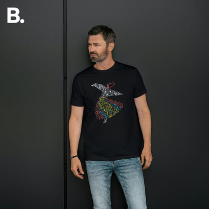 Front view of a model wearing the black Sufi calligraphy tee